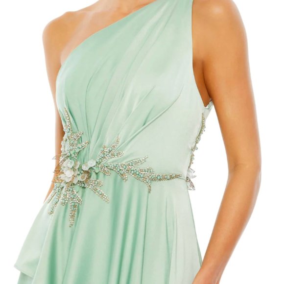 MAC DUGGAL 11262 EMBELLISHED ONE SHOULDER ASYMMETRICAL SAGE GOWN sz 8 - Picture 3 of 5